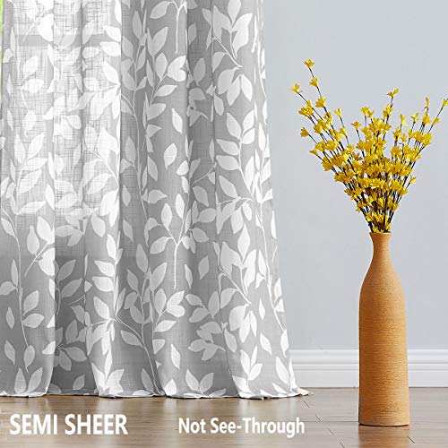 Image of Treatmentex White and Grey Curtains for Bedroom 54 inch Long Leaf Print Curtains for Windows Semi-Sheers, Grommet Top, 2 Panels