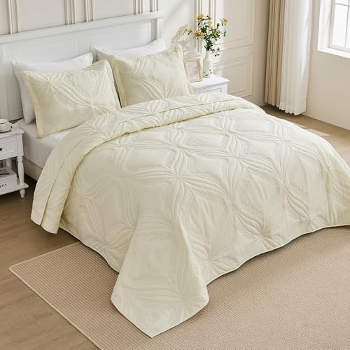 Image of Kingnex Oversized King Bedspreads 128x120 for Tall King or Cal King Bed Ultrasonic Quilted Coverlet Set 3 Piece Include 1 Extra Wide Quilt 2 Pillowcases Cream