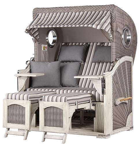 bene living Strandkorb Ammersee Mahagoni Bullauge Washed Grey - PE Koboo Grey - Modell 545