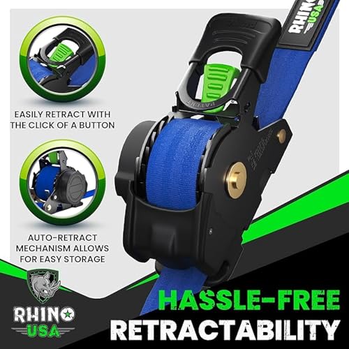Image of Rhino USA Retractable Ratchet Straps (2-Pack) - 1 Inch x 10 Feet (1,209lb Break Strength) - Auto Self Retracting Tie Down Straps for Truck, Cargo Trailer, Motorcycle, ATV, UTV - Blue