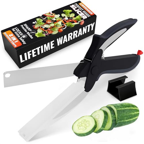 Cutting Board Scissors - 2 In 1 Kitchen Scissors with Cutting Board Knife Combo with Safety Lock and Storage Holder, Sharp Stainless Steel Blade, Dishwasher Safe - For Slicing Vegetables and Fruits