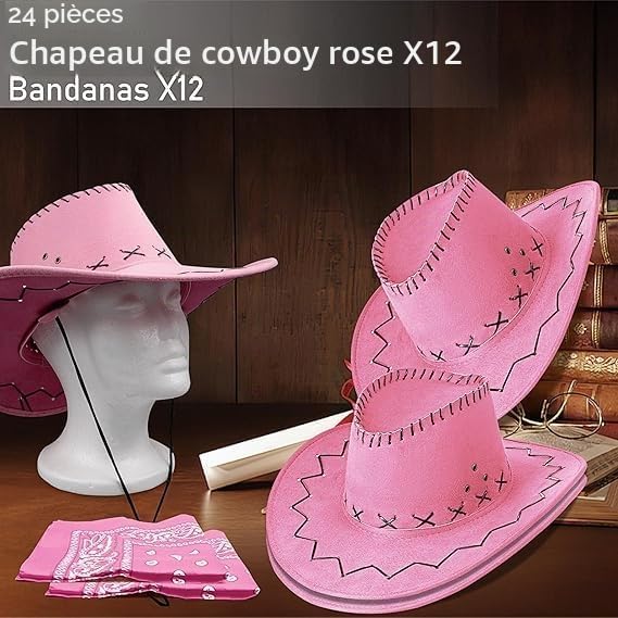 MALLOOM Lot de 24 Chapeau de cowboy western, accessoires de déguisement, ensemble bandana à motifs cachemire, chapeaux de cowgirl en gros pour femmes et hommes, déguisements et fêtes (Rose)