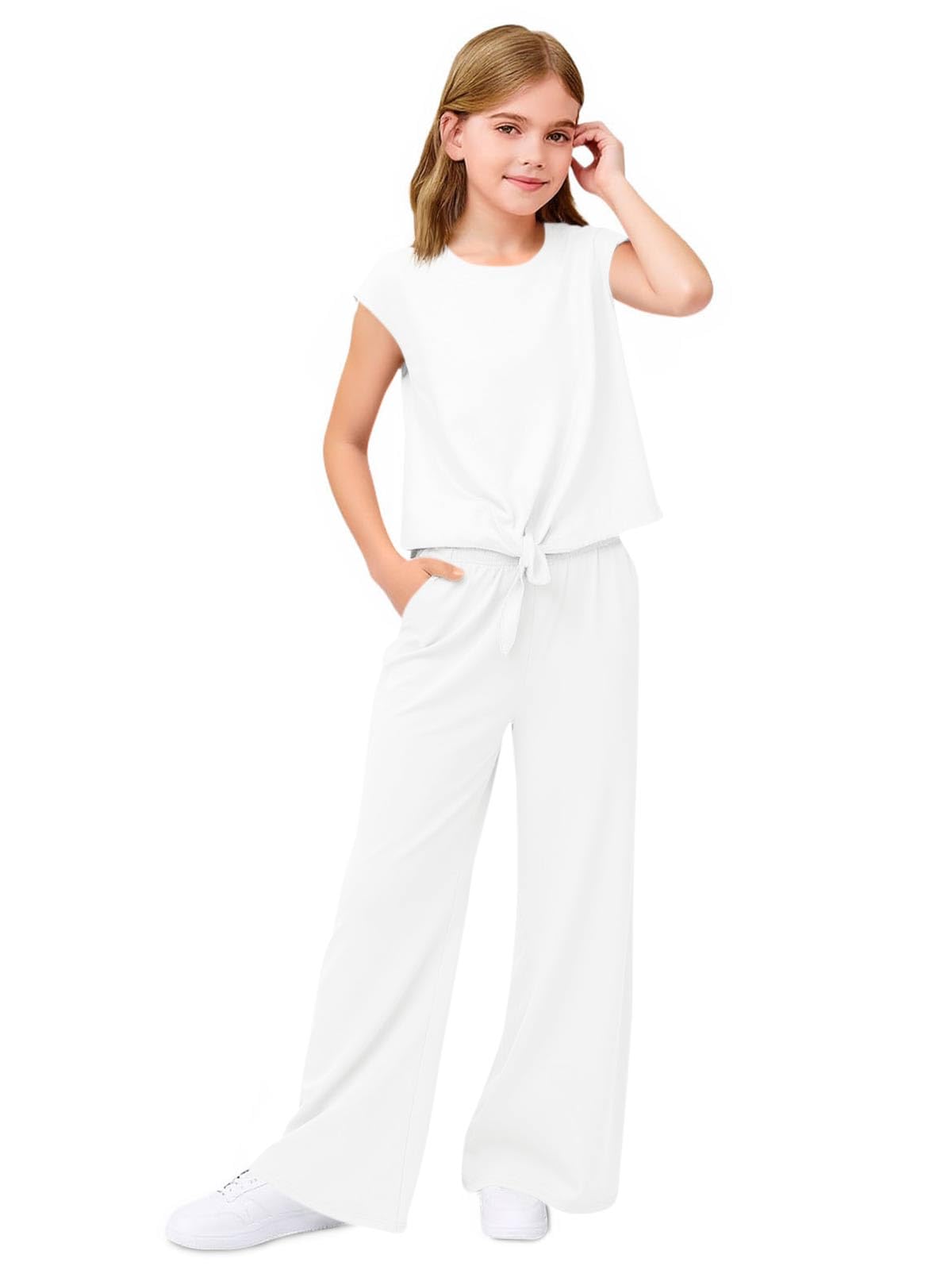 Photo 1 of Haloumoning Girls Summer 2 Piece Outfits Kids Cap Sleeve Twist Front Tops Wide Leg Pants Clothing Sets 5-14Y