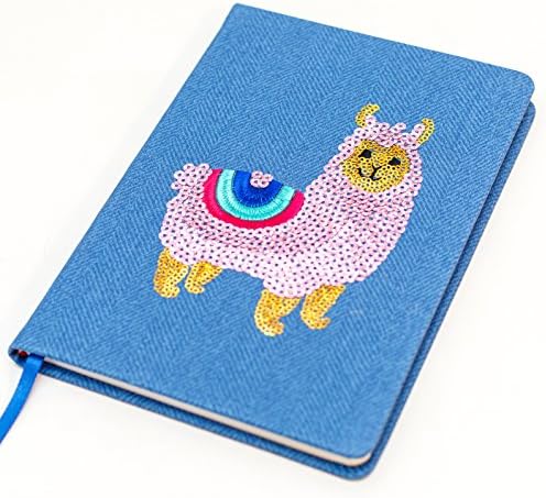 Notebook A5 Size - Embroidered Llama Sequin Design - Ruled/Lined Pages with Marker Ribbon - Sequin Notes (Blue) Unknown Binding