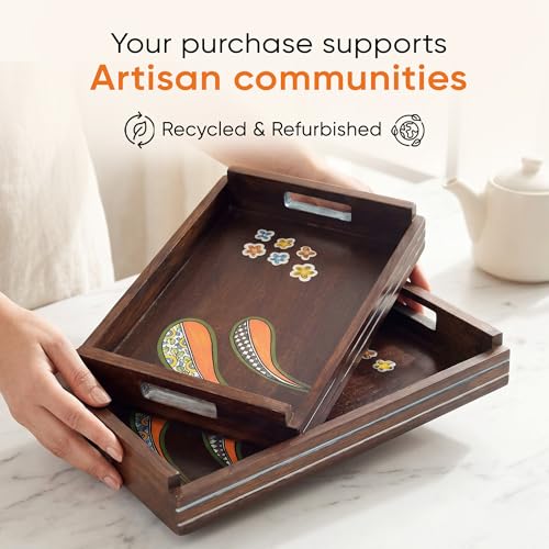 Image of AAKRITI ART CREATIONS Blooming Leaves Serving Trays | Floral Art | Brown Wooden Tray Set of 2 | Glossy Finish Serving Trays | Tray for Dining Table & Kitchen