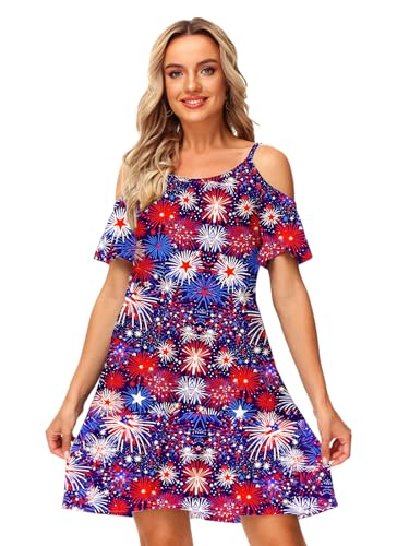 Image of Deerose Womens 4th of July Dresses Cold Shoulder American Flag Tie Dye A-Line Dress with Pockets
