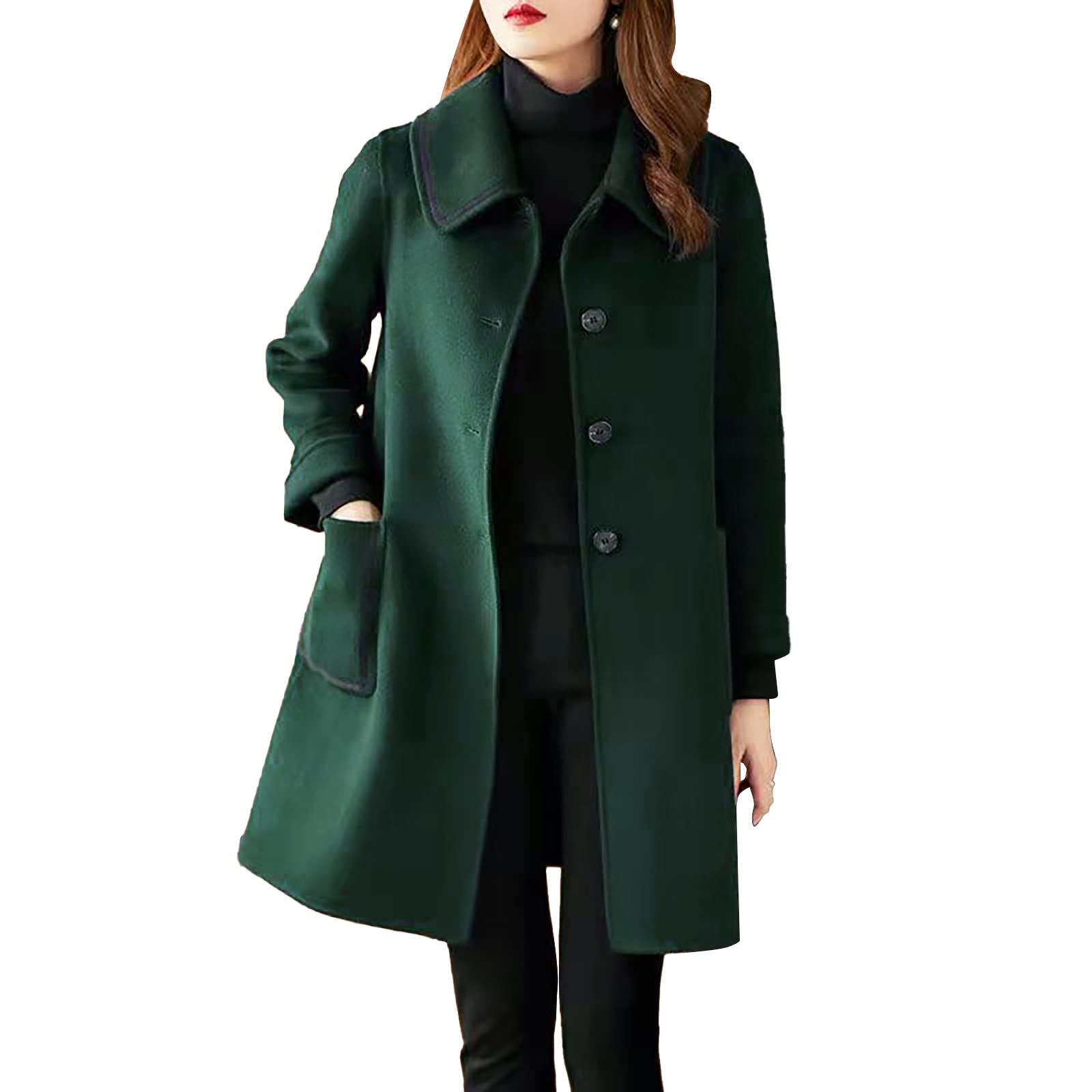 Teptdirio Women's Army Green Winter Wool Coat Casual Lapel Collar Single-Breasted Peacoat Open Front Long Jackets Casual Trench Coat With Pockets