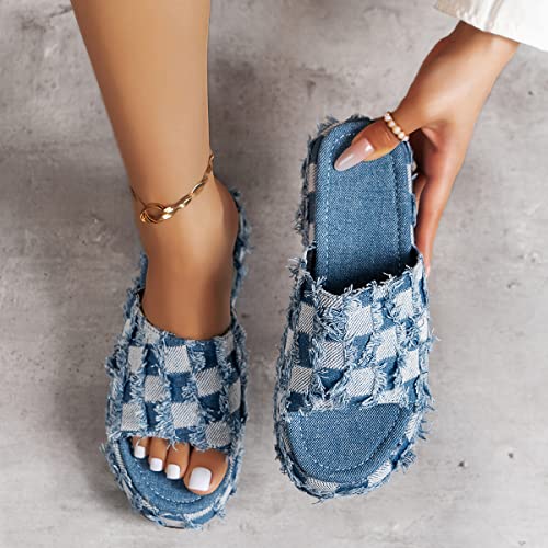 Loizziuy Checkered Denim Slip-On Slippers for Women Thick Sole Summer Slide Sandals for Beach Outdoor, Indoor, and Travel Wear3