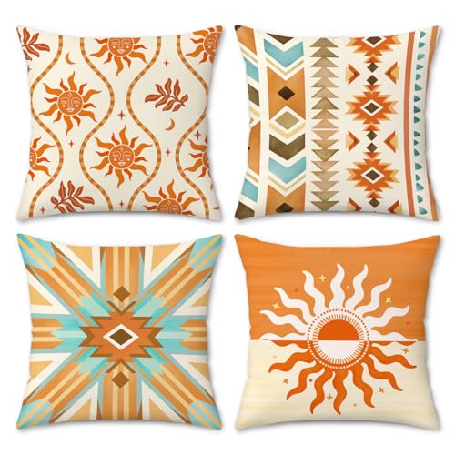 COZZSNUGE Boho Western Throw Pillow Covers, Southwest Aztec Tribal Geometric Orange Velvet Decorative Pillowcases for Outdoor Sofa Bed Home Patio Set of 4, 18 x 18 Inches