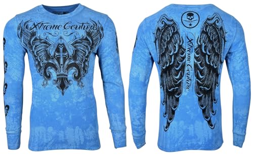 Xtreme Couture by Affliction Men's Long Sleeve Thermal Shirt Faith to Rise, Blue with Wings and Cross (US, Alpha, Small, Regular, Regular, Indean Teal (Faith to Rise))