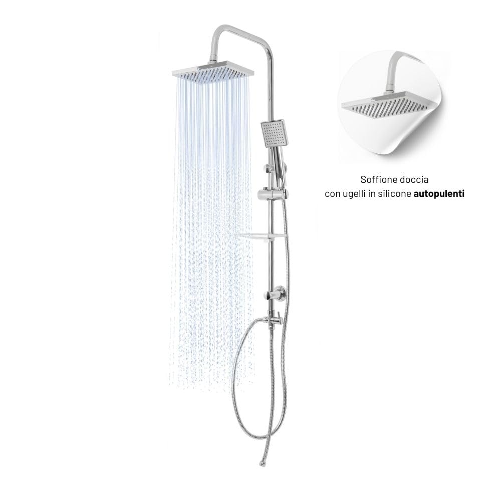 Colonna Doccia Attrezzata Luna Ottone Cromato Soffione Quadro Doccetta Collegabile a Miscelatore Termostatico o Presa d'Acqua a Muro