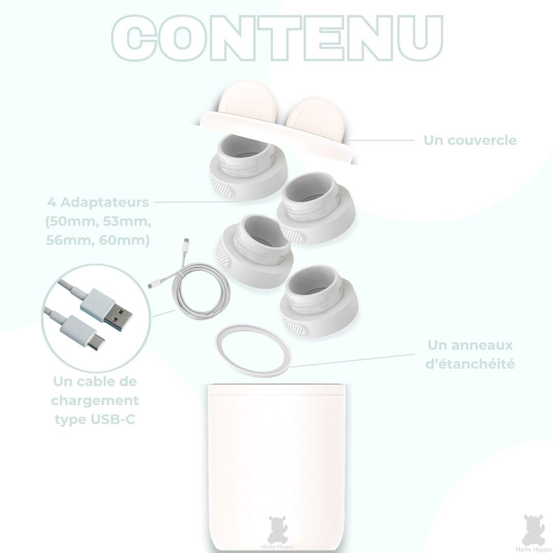 Hello Hippo - Chauffe-biberon Compact et Portable : USB-C Rechargeable, Anti-Fuite, Compatible avec Philips Avent, MAM, NUK | 4 Températures Réglables | Chauffage Rapide et Efficace