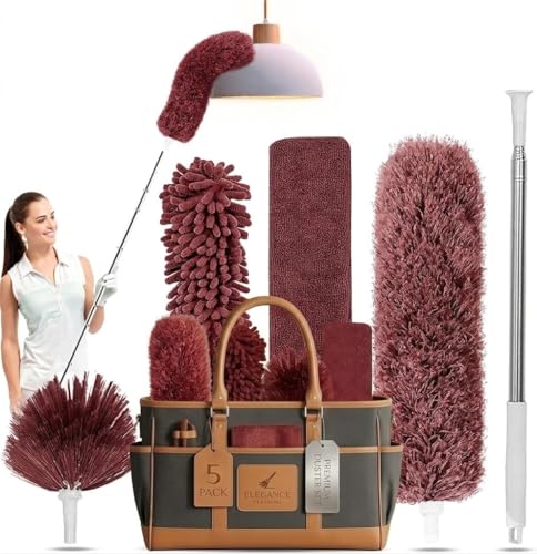 Image of Duster for Cleaning 6-in-1 Kit with Storage Bag, 100 Inches Duster with Extension Pole, Extendable Duster, Microfiber Feather Duster, Cobweb Dusters for Ceilings Fans - Burgundy Red