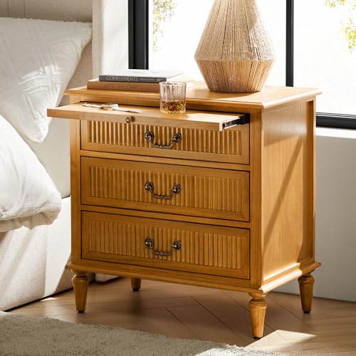 HULALA HOME Transitional Nightstand with Pull-Out Tray, 3 Drawers Bedside Table with Spindle Legs, Nightstand Built-in Charging Station(Acorn)