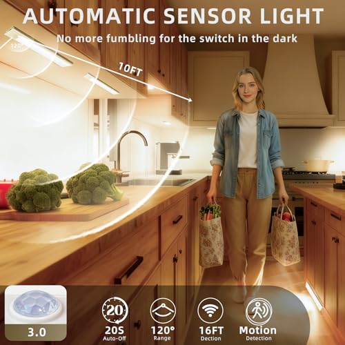 Image of 12inch Under Cabinet Lighting, 4 Pack Rechargeable Motion Sensor Light Indoor, Wireless Dimmable Magnetic Closet Lights, 50 LED Under Counter Lights for Kitchen, Wardrobe, Stairs, Warm Light