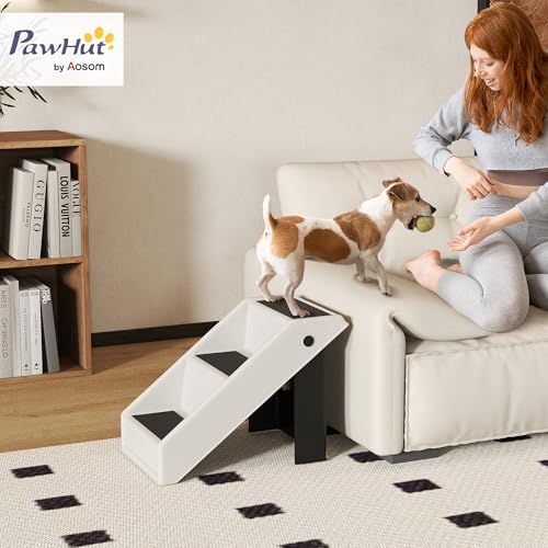 PawHut Hundetreppe 3 Stufen 36,5 cm Hoch Haustiertreppe für Kleine Hunde klappbar Katzentreppe Hunderampe Einstiegshilfe für Bett, Sofa, Couch und Auto Cremeweiß