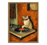 Framed Vintage DJ Cat Wall Art, Whimsical Cool Cat Playing Vinyl Record Canvas Wall Decor Paintings, Retro...