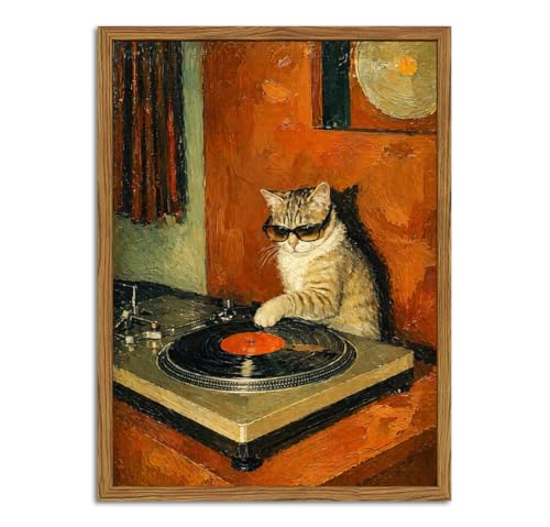 Framed Vintage DJ Cat Wall Art, Whimsical Cool Cat Playing Vinyl Record Canvas Wall Decor Paintings, Retro Trendy Music Poster Funny Animal Pictures Prints for Living Room Bedroom Bar 8x10 inch