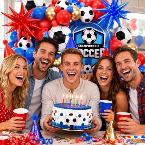 PTGOLUO Soccer Party Decorations 160Pcs, World Soccer Balloon Garland Arch Kit with 18'' Football Foil Balloons, Blue Red Gold Football Print Balloons for Boys Sports Fan Birthday Soccer Party Decor by PTGOLUO - Used condition - Image 9
