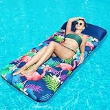 FindUWill Oversized Pool Floats Adults - 72" x38'' X-Large Fabric Covered Tanning Pool Lounger, Inflatable Pool Float with Headrest, Ultra-Comfort Pool Floaties Raft Lake Beach Float(XL, Flamingo)