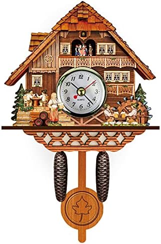 Hand Carved Retro Cuckoo Clock Wooden Chalet Cuckoo Bird House Wall Clock Car Swing Pendulum Hanging Cuckoo Clock Wall Art Home Decor for Living Room Bedroom Interior Decoration