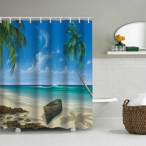 Zestaw zasłon prysznicowych, tkanina poliestrowa Pongee, łatwy montaż, wzór plażowy, do domu, hotelu i akademika (180 * 200 cm)