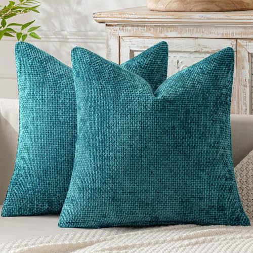 Image of MIULEE Pack of 2 Couch Throw Pillow Covers 18x18 Inch Coastal Teal Modern Boho Accent Decorative Pillow Covers Soft Chenille Farmhouse Cushion Covers for Home Decor Bed Sofa Living Room
