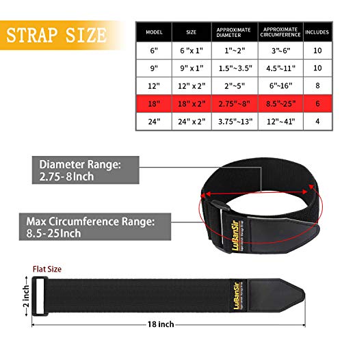 LuBanSir Cinch Straps - 2" x 18" (6 Pack) Elastic Hook and Loop Storage Straps with Buckle for Bicycle, Truck, Boat and More for Extension Cords, Ropes, Hoses Organization - Black - Thumbnail 2
