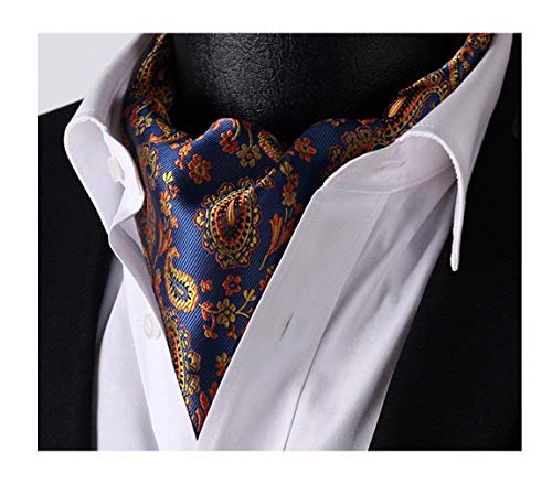 Elfeves Men's Blue Orange Floral 100% Silk Cravat Ties Jacquard Woven Ascot