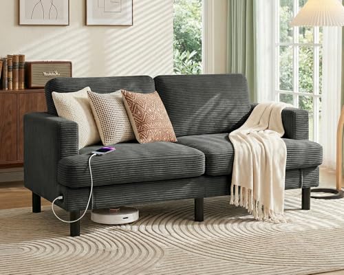 Image of 70 inch Loveseat Sofa, 2-Seater Bedroom Couches with USB, Deep Seat, Dark Grey | Upgrade Upholstered Love Seat Sleeper Sofa, Corduroy Small Couch for Bedroom, Apartment, Office