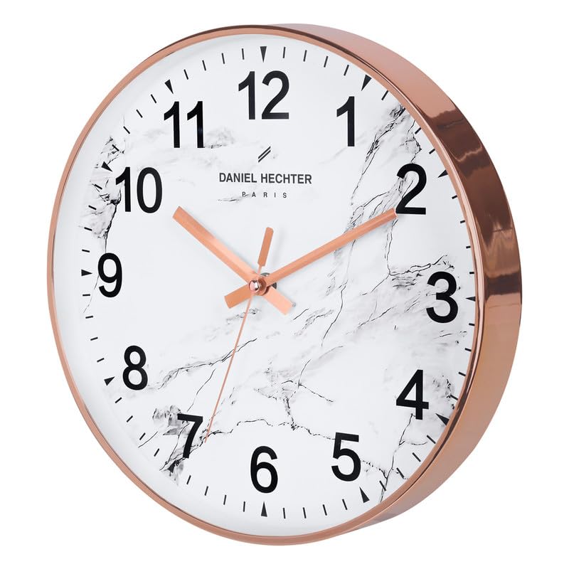 Image of Daniel Hechter Paris Moselle Collection Wall Clock, Silent Sweep Non-Ticking, 12 inch(30cm) HD Glass White Marble Dial, Rose Gold Plastic Frame, Modern Decorative Clock for Home & Office - DHCL1003