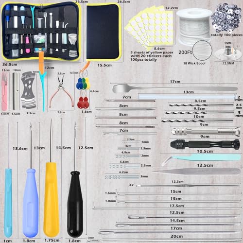 Image of 155PCS Adjustable Candle Hole Drill Needle with Candle Wick Roll 200 Ft,Candle Making Kits to Insert Wick in Silicone Molds,Mold Hook & Eye Punch Needle,Big Hole Long Needle,Stickers,Center Holder