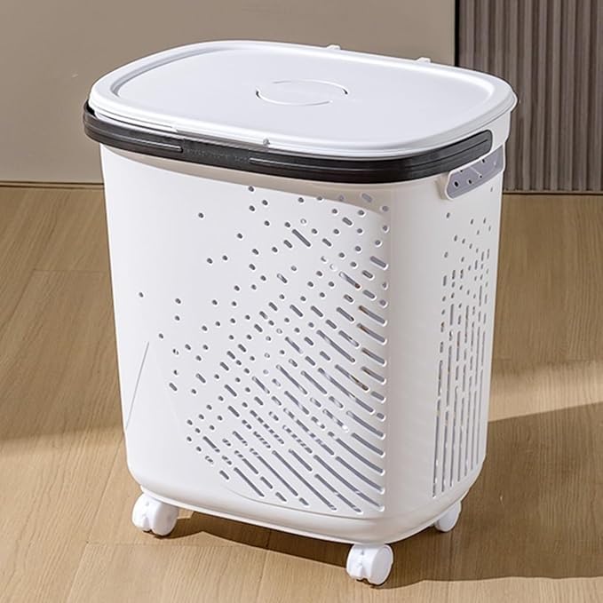 Cesto portabiancheria stretto con ruote e coperchio, design salvaspazio per camera da letto, posizionamento ad angolo ed elegante biancheria