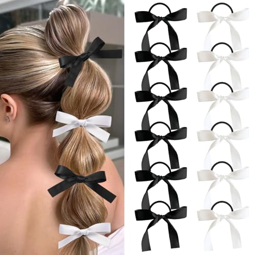 Auseibeely 12PCS Silky Satin Hair Bows Ties for Girls Bowknot Ribbon Ponytail Holders Cute Bow Hair Accessories for Bubble Braids Black & White No Damage Hair Bands