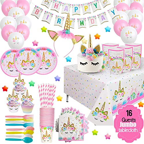 ecoZen Purple Unicorn Birthday Party Decorations - Magical Horse Themed Supplies for 16 Guests, Includes Plates, Cups, Napkins, Banner, Cutlery, Balloons, Tablecloth, Straws, Toppers