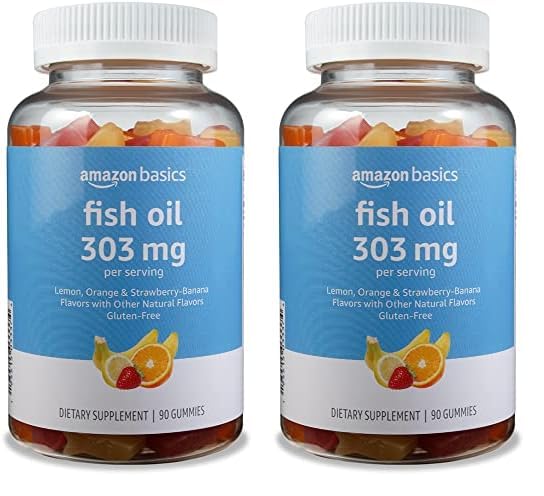 Amazon Basics Fish Oil 303 mg, Lemon, Orange & Strawberry-Banana Flavors, 90 Gummies (2 per Serving), EPA and DHA Omega-3 Fatty acids (Previously Solimo) (Pack of 2)