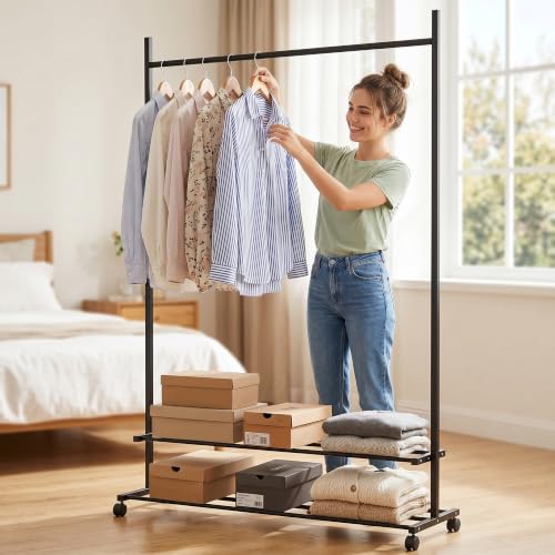 Image of Lukzer Single Rod Metal Garment Rack with Wheels & 2 Bottom Shelves, Portable Clothes Stand /Coat Hanger Rack with Shoe Storage for Bedroom, Entryway & Open Wardrobe (Black /109x34x162 cm)