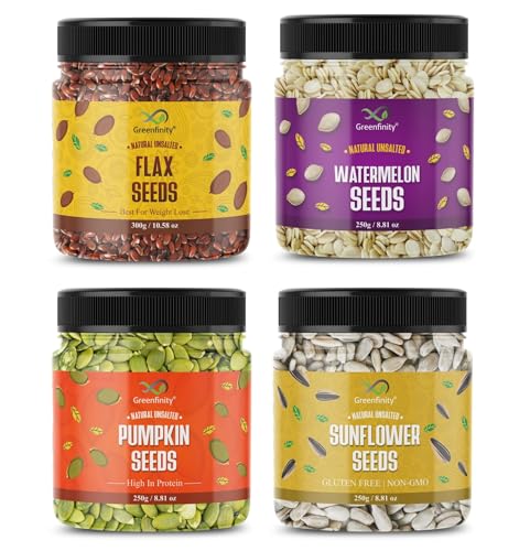 Image of GreenFinity Natural Raw Seeds Combo Pack of Pumpkin, Sunflower, Flax, Watermelon 250g Each, 1kg Total