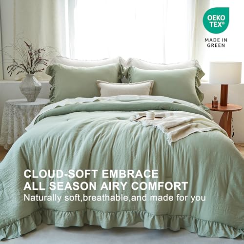 Image of Sage Green Ruffle Comforter Set King, Pre-Washed Shabby Chic Bedding Set, Lightweight Cottagecore Soft Romantic Cozy 1 Comforter & 2 Shams, All-Season