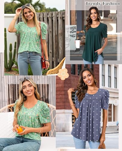 Anydeer Women Tunic Top Summer Short Puff Sleeve Chest Pleated Tshirts Casual Round Neck Blouse Loose Tee4
