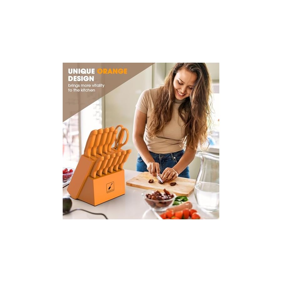 imarku Knife Set, Sharp Block Knife Set with Built-in Sharpener, Japanese Stainless Steel with Non-Slip Ergonomic Handle, Dishwasher Safe, Kitchen Gifts for Man Woman, Best For Christmas, Burnt Orange