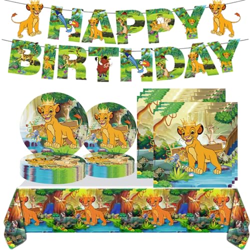 42 Pcs Cartoon animal Lion King Birthday Party Supplies 20 Plates +20 Napkins +1 Tablecloth and 1 Happy Birthday Flag for Happy Birthday Party Decorations Children