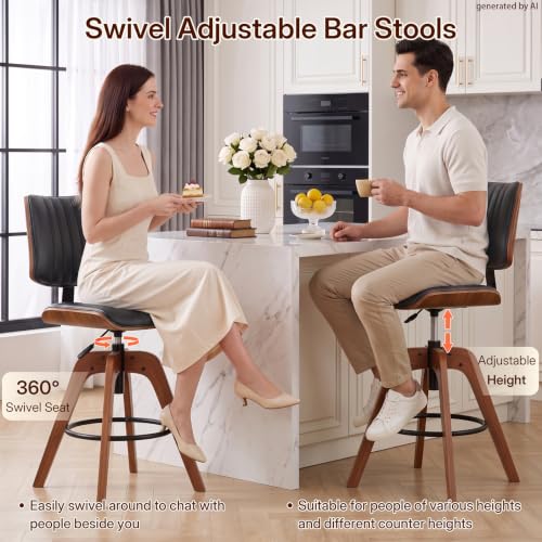 Image of Counter Height Bar Stools Set of 2, Adjustable Swivel Kitchen Island Stools | Mid Century Modern Counter Stools, Swivel Barstools with Back, Faux Leather Upholstered Bar Chair