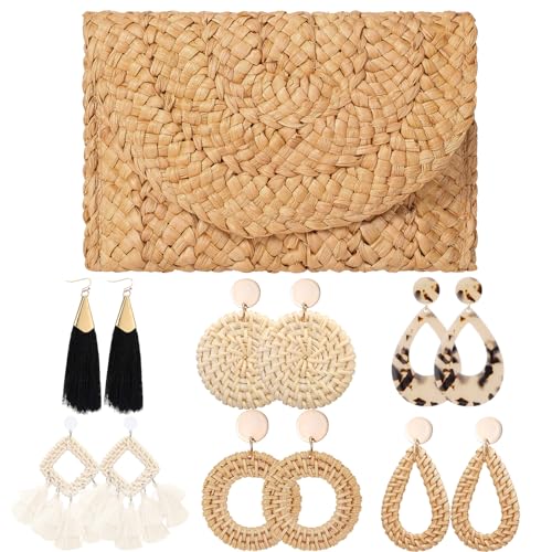 Image of JaGely Women's Straw Clutch Purses and 6 Pairs Rattan Earrings Summer Beach Clutch Handbag Envelope Woven Bag Boho Earrings (Classic), coffee