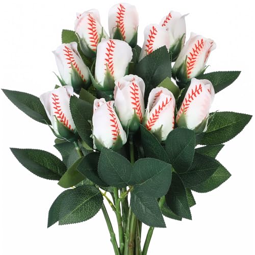 Suhine 12 Pcs Artificial Baseball Rose Flowers Sports Party Favors Bulk for Birthday Graduation Wedding Party Decorations Table Centerpieces Game Prizes Senior Night Gifts(Baseball Color Normal)