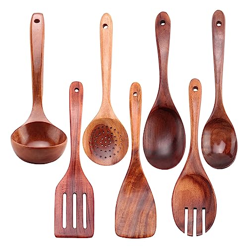 jiyaohui - Juego de 7 utensilios de cocina de madera para senas, cucharas antiadherentes y utensilios de cocina, espátula para y cocina