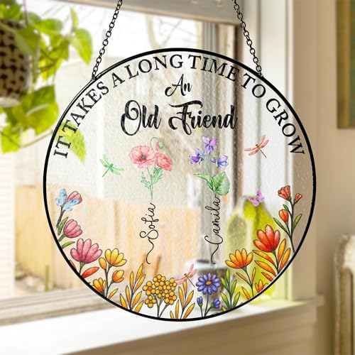 It Takes A Long Time to Grow an Old Friend Personalized Stained Glass Window Hanging Suncatcher Gift for Besties Birth Flower Grow an Old Friend