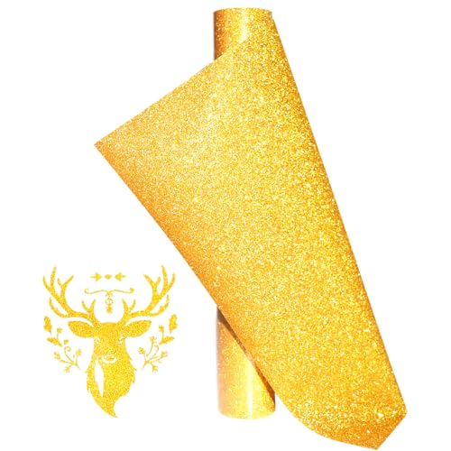 Image of Gold Glitter Heat Transfer Vinyl Rolls Gold Iron HTV Vinyl Glitter HTV 12Inch x 5Feet Iron on Vinyl for Cricut, T-Shirts DIY Design Easy to Cut and Weed, Silhouette Cameo & Heat Press Machine