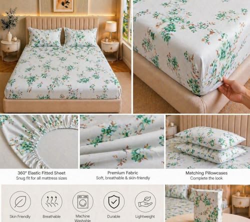 Image of Castiqa Elastic Fitted Supersoft Premium Brushed Cotton 200TC King Size Bedsheets with 2 Pillow Covers (Fits Upto Mattress of 10 Inches) (King (72x78), Onion Floral)