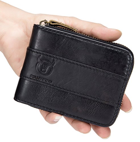Image of BULLCAPTAIN Mens Leather Wallet Zipper RFID Blocking Wallets Coins Purse (Black)